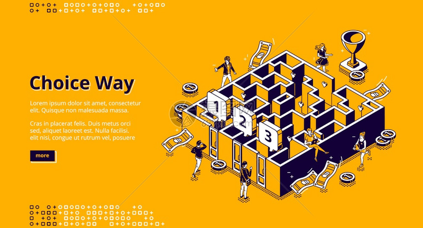 商业男子选择进入迷宫的三扇门雇员克服迷宫的挑战目标成就任务解决方案3D矢量线网络横幅图片
