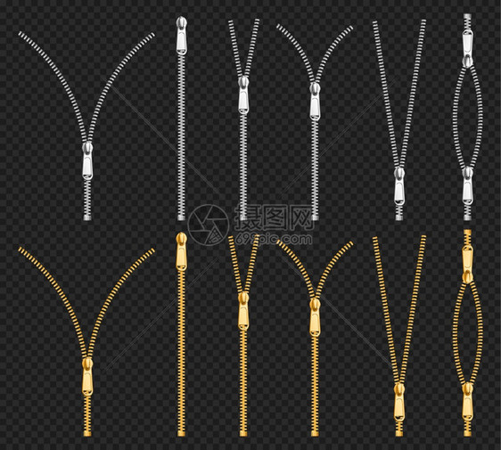 金属拉链固定装置银金拉链有不同形状的拉链开或闭黑色纤维带在透明背景上隔离的服装硬件现实的3d矢量图拉链套装图片