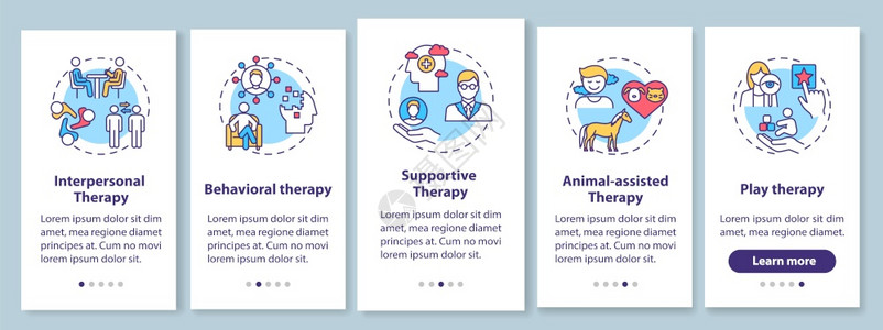 带有概念的跨人辅助治疗通过五步图形说明配有RGB彩色插图的UI矢量模板带有概念的移动应用程序页面屏幕上的心理疗法类型图片