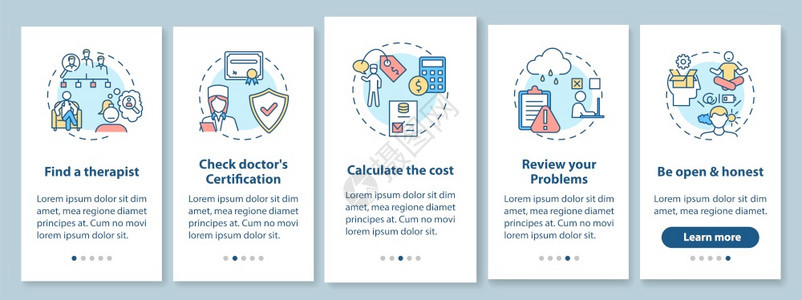 心理疗法治步骤在带概念的移动应用程序页面屏幕上登治疗师发现行过5步图形指示配有RGB颜色插图的UI矢量模板带概念的移动应用程序页图片