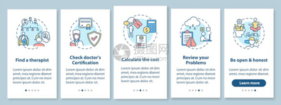 心理疗法治步骤在带概念的移动应用程序页面屏幕上登治疗师发现行过5步图形指示配有RGB颜色插图的UI矢量模板带概念的移动应用程序页图片