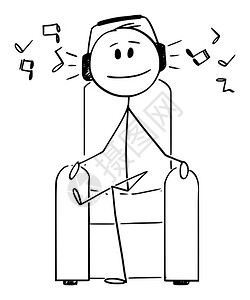矢量卡通插图绘制用耳机坐在扶椅上听音乐并享受的人概念插图插画