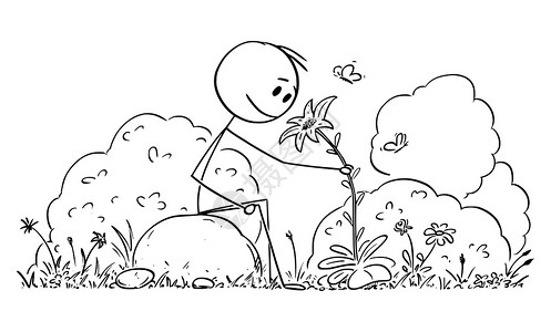 埃尔米斯蒂火山矢量卡通花丛中闻花香的男孩矢量插画插画