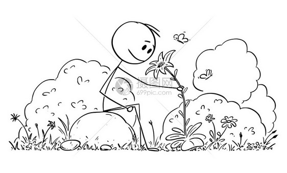 矢量卡通花丛中闻花香的男孩矢量插画图片