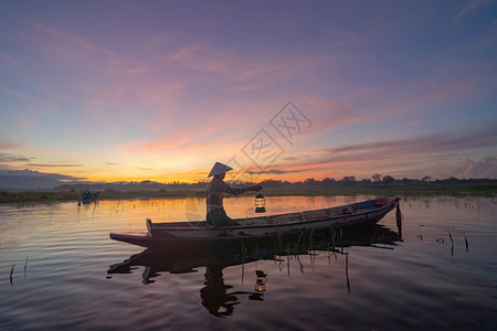 在自然湖或河流捕捉淡水鱼早上在泰国亚洲反射图片