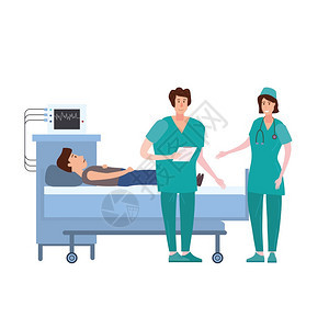 医疗队护士和床上的生咨询病人疗队护士和生咨询病人疗队护士和生咨询病的青年男子医院病房人住治疗医药和概念病媒图示平面漫画字符图片