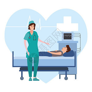 医疗队护士在床上为病人提供咨询医疗队护士在床上为生病的青年男人提供咨询医院病房住人医药和疗概念病媒图示平面卡通字符医院疗队护士在图片