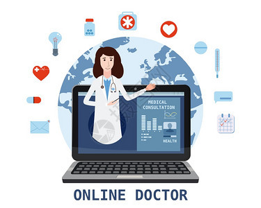 在线医生妇女保健概念图标膝上型计算机医生录像呼叫在线医疗服务咨询花卉背景网站模板信息图横幅的矢量插图图片