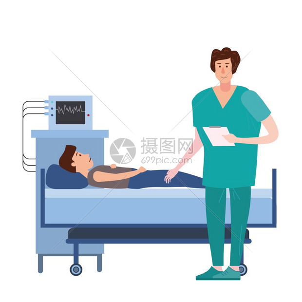 医疗床位的生咨询病人疗生咨询病床上的人青年男子住院病房人医疗和概念矢量插图平面卡通字符图片
