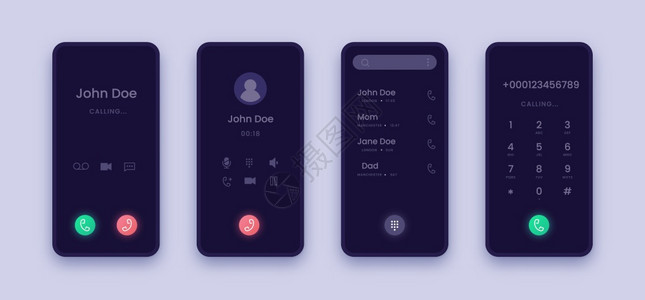 调用屏幕智能电话应用程序界面带有联络拨号回答和下限按钮的智能电话应用程序界面于广告工具网络插图和横幅的暗色显示矢量现实的移动模型背景图片