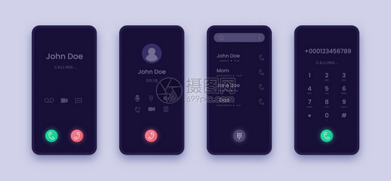 调用屏幕智能电话应用程序界面带有联络拨号回答和下限按钮的智能电话应用程序界面于广告工具网络插图和横幅的暗色显示矢量现实的移动模型图片