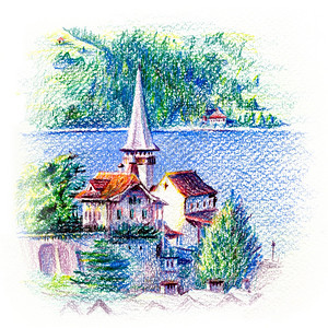瑞士Spiez的Tun湖沿岸Spiez教堂用彩色铅笔绘画瑞士Thun湖的Spiez教堂图片