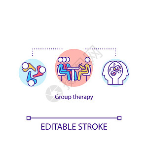 集体心理分析支持团体想法细线插图心理学咨询多病人媒孤立大纲RGB彩色绘画可编辑的中风群体治疗概念图标图片
