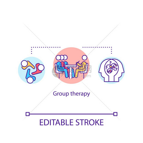 集体心理分析支持团体想法细线插图心理学咨询多病人媒孤立大纲RGB彩色绘画可编辑的中风群体治疗概念图标图片