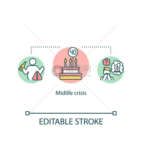 中生危机概念图标心理问题抑郁症观念细线插图对老龄化的恐惧无法满足的感觉矢量孤立的大纲RGB彩色绘图可编辑的中风图片