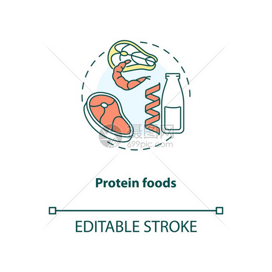蛋白质食品概念图标有机肉食天然品蔬菜饮成分细线插图矢量孤立大纲RGB彩色绘图可编辑的中风图片
