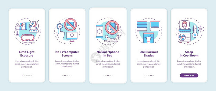 使用带概念的移动应用程序页面屏幕上的良好睡眠建议更好地做梦走5步图形指示配有RGB颜色插图的UI矢量模板装有概念的移动应用程序页图片
