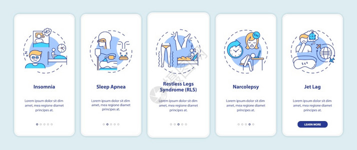 模具类型带概念的手机应用程序页面屏幕上的睡眠障碍类型夜间休息有问题行走5步图形指示配有RGB颜色插图的UI矢量模板带概念的手机应用程序页插画