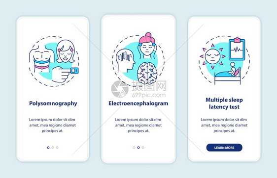 在装有概念的移动应用程序页面屏幕上进行日间午睡研究眠障碍测试体检通过三步图形指示配有RGB彩色插图的UI矢量模板图片