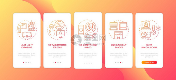 使用带有概念的移动应用程序页面屏幕上良好的睡眠建议红梯度更好地做梦走5步图形说明配有RGB颜色插图的UI矢量模板带有概念的移动应图片