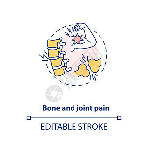 Bone和联合疼痛概念图标维生素缺乏症状表示细线插图关节炎膝下背肋骨疼痛管理矢量孤立的大纲RGB颜色绘图可编辑的中风骨和联合疼痛图片