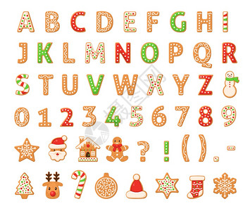 Gingerbread字母圣诞快乐和新年数字装饰着糖的甘蓝英语字母数abc自制的甜传统饼干冬季假日食物矢量隔离套gingrebr背景图片