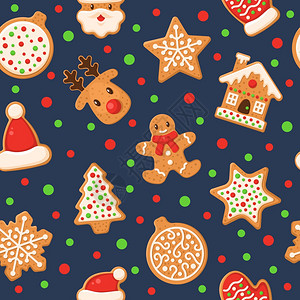 Gingerbread无缝模式假日姜饼糖甜人和鹿星家的节假日装饰织物包纸壁矢量纹理红姜面包甜食饼干人和鹿的节日装饰包纸壁矢量纹理图片