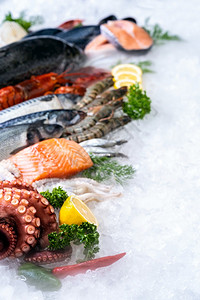 各种新鲜奢侈海的侧面景象Lobster鲑鱼竹鳄龙虾章贝类和扇在冰背景上海鲜市场有冰烟复制空间图片