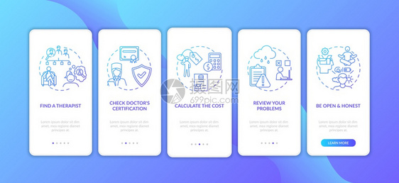 心理疗法治步骤在带概念的移动应用程序页面屏幕上登治疗者寻求成本计算器通过5步图形指示带有RGB颜色插图的UI矢量模板图片