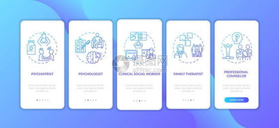 社会工作者家庭治疗师走过5步图形指示带有RGB颜色插图的UI矢量模板带有概念的移动应用程序屏幕图片