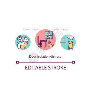 狗与隔离困苦概念图标隔离焦虑行为和情感问题孤独宠物想法细线插图矢量孤立大纲RGB颜色绘图可编辑的中风图片