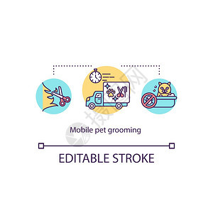 移动宠物美容沙龙概念图标在线预订独家动物护理卫生服务概念细线插图矢量孤立大纲RGB彩色绘画可编辑中风图片