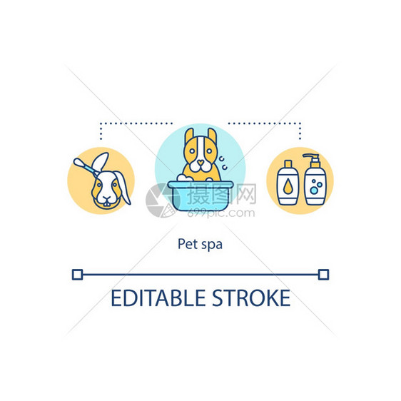 宠物疗养院概念图标动物护理耳清洁和洗澡宠物培养服务设想细线插图矢量孤立大纲RGB彩色绘画可编辑的中风图片