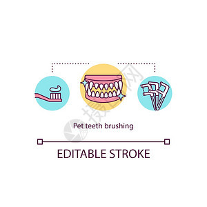 宠物牙刷概念图标卫生日常例行工作牙科护理清洁动物下巴设想细线插图矢量孤立大纲RGB彩色绘图可编辑中风图片