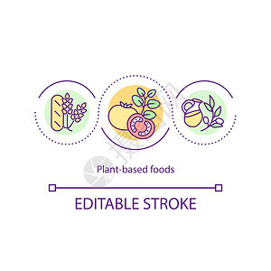 基于植物的食品概念图标不同类型的健康素食成分蔬菜生活方式观念细线插图矢量孤立大纲RGB彩色绘图可编辑中风基于植物的食品概念图标图片