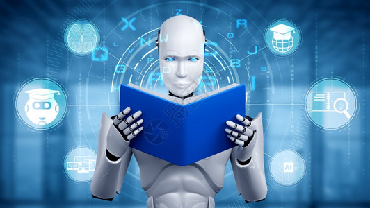 3D人类机器阅读书插图未来人工智能和第四次业革命的概念图片