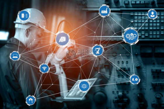 40技术概念第四次工业革命智能厂图示显自动化系统使用机器人和通过互联网络控制的自动机械图片