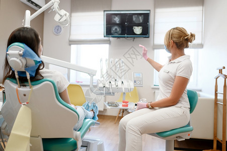女牙医看齿X光的病人口腔诊所穿制服的医生务工作者口腔医生药和保健专业牙科口腔保健和卫生牙医女看齿的病人X光图片