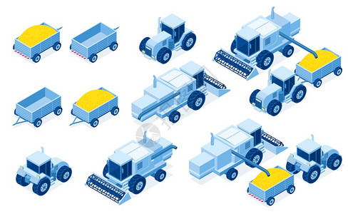 用于谷物和干草收割农用工业车辆和三维矢量示意图集图片