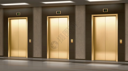 金色电梯门关在走廊上矢量现实的空代办公室或旅馆内厅大豪华金电梯面板上有纽扣地在墙上显示金色电梯门闭在走廊上图片