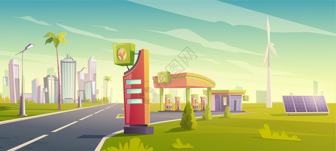 生态加油站绿色城市汽车加油服务矢量图片