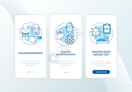 日间午睡研究蓝带概念的移动应用程序页面屏幕睡眠紊乱测试医疗检查通过三步图形指示带有RGB颜色插图的UI矢量模板白睡研究蓝带概念的图片