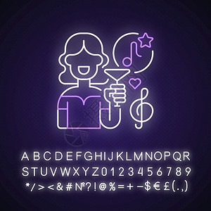 休息室音乐灯光图标不同的音乐活动手持鸡尾酒的女人音乐调外光效应使用字母数和符号签名矢量孤立RGB颜色插图图片