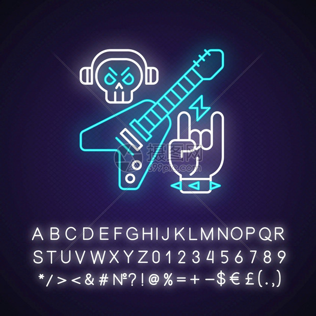 重金属有线光图标摇滚歌曲类型电气吉他带耳机的电筒外光效应带有字母数和符号的信矢量孤立RGB颜色插图图片