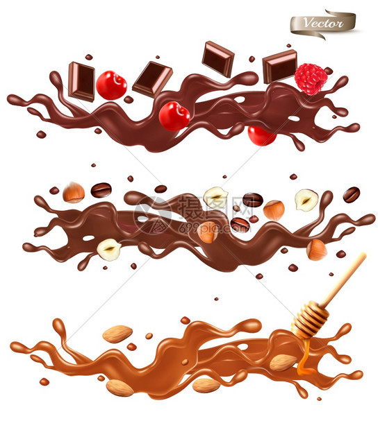 一组巧克力喷洒整块和切片樱桃草莓杏仁坚果和焦糖背景透明图片