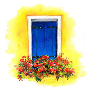 意大利威尼斯岛布拉诺的黄墙上有蓝色百叶窗和红花的户水彩画黄色墙上的蓝窗意大利威尼斯布拉诺图片
