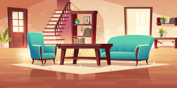 室内走廊有木制楼梯和家具咖啡桌架子书沙发和椅子配有陶瓷植物农村式公寓或家庭装饰用农村式的卡通矢量插图图片
