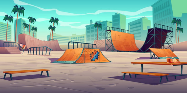 公园玩滑板美女城市风景有坡道滑板公园矢量插画插画