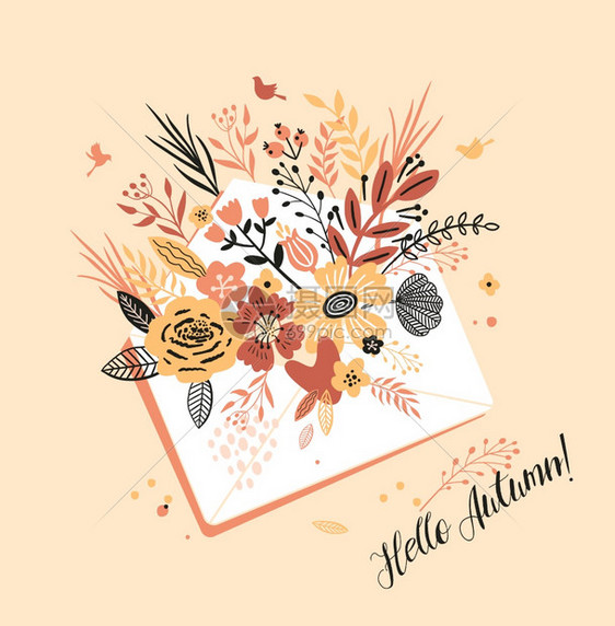 可爱的秋天卡上面有鲜花叶子和刻字HelloAustumn可爱的秋天卡上面有鲜花叶袋和刻字IhelloAudumumn适合贺卡明信图片