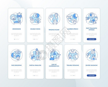 脑健康护理通过五步图形指示UI矢量模板配有RGB彩色插图神经疾病问题在装有概念的移动应用程序页面屏幕上标出蓝色图片